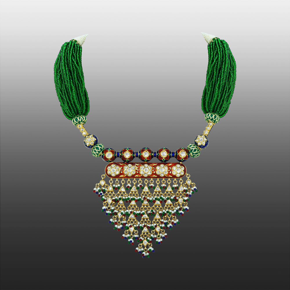 Green Beaded Necklace with Polki and Multicolour Fringe